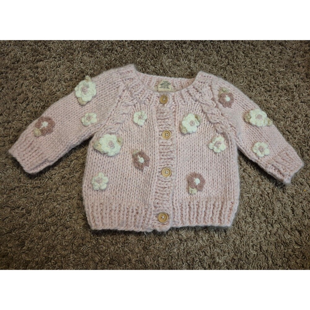Huggalugs Pink Knit Cardigan with Flower Appliques size 12-18 months